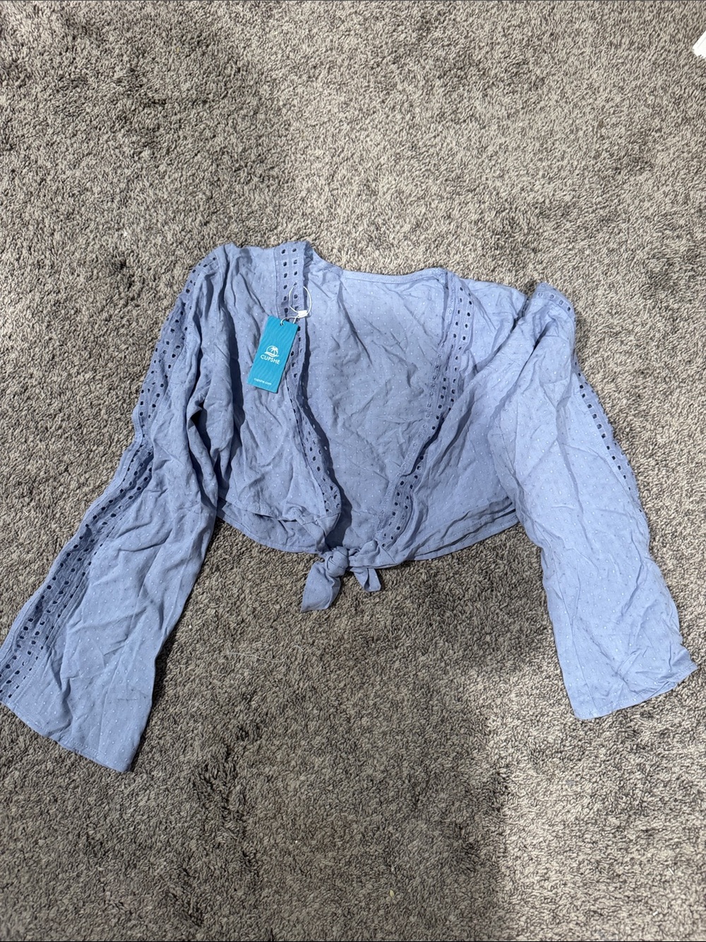 Cupshe Sky Blue Eyelet Tie-Front Cropped Blouse